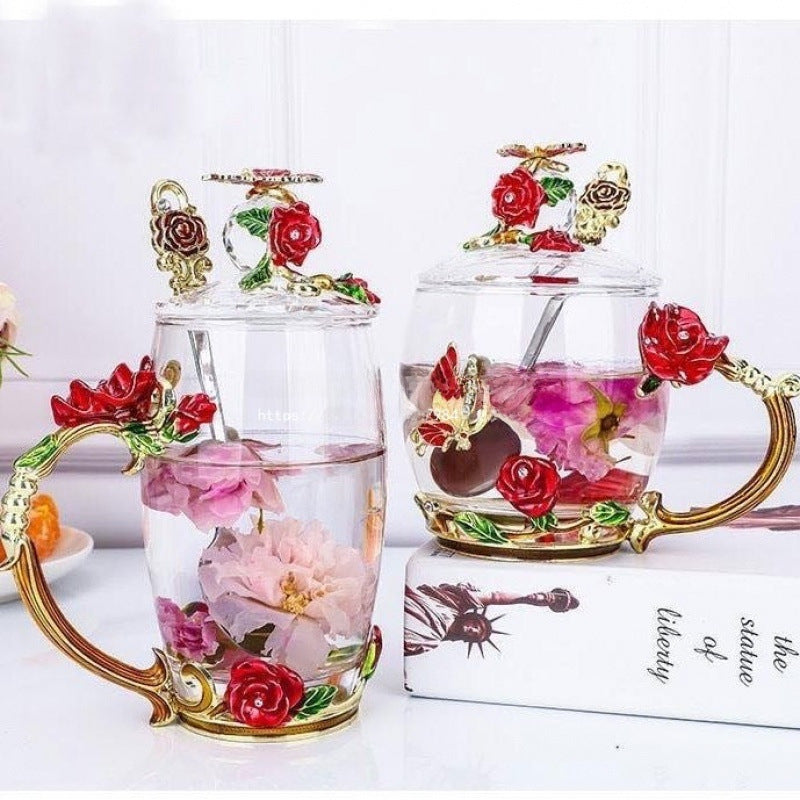 Decorative Rose Pattern Glass Cup with Lid