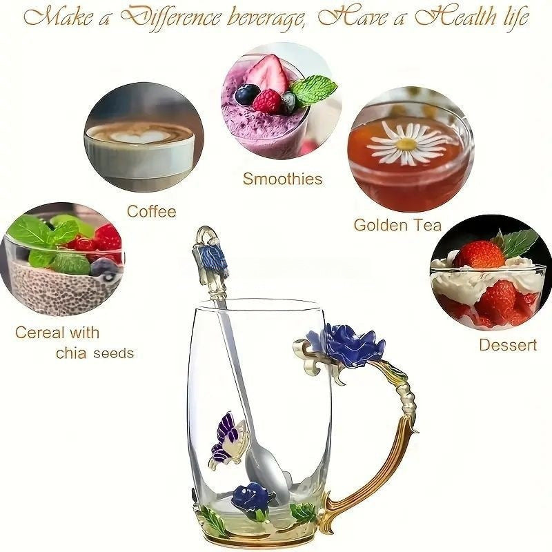 Decorative Rose Pattern Glass Cup with Lid