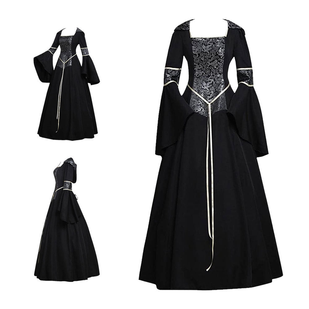 Medieval Gothic Hooded Dress with Flared Sleeves