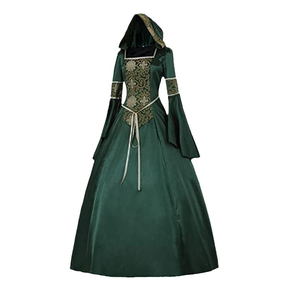 Medieval Gothic Hooded Dress with Flared Sleeves