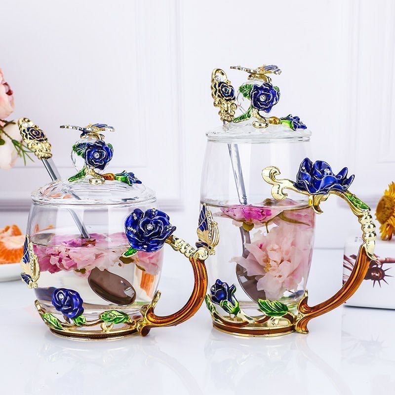 Decorative Rose Pattern Glass Cup with Lid
