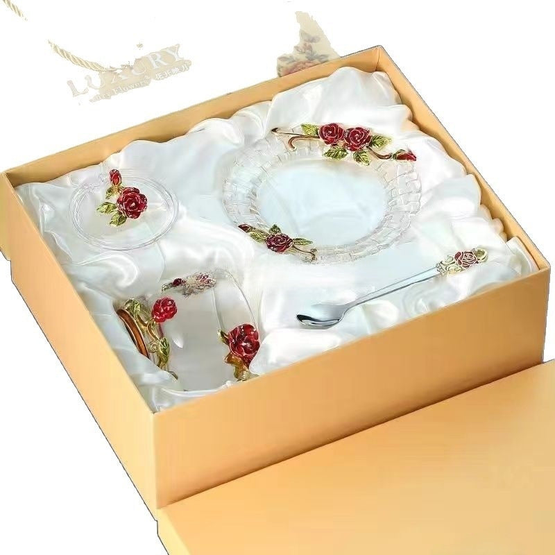 Decorative Rose Pattern Glass Cup with Lid