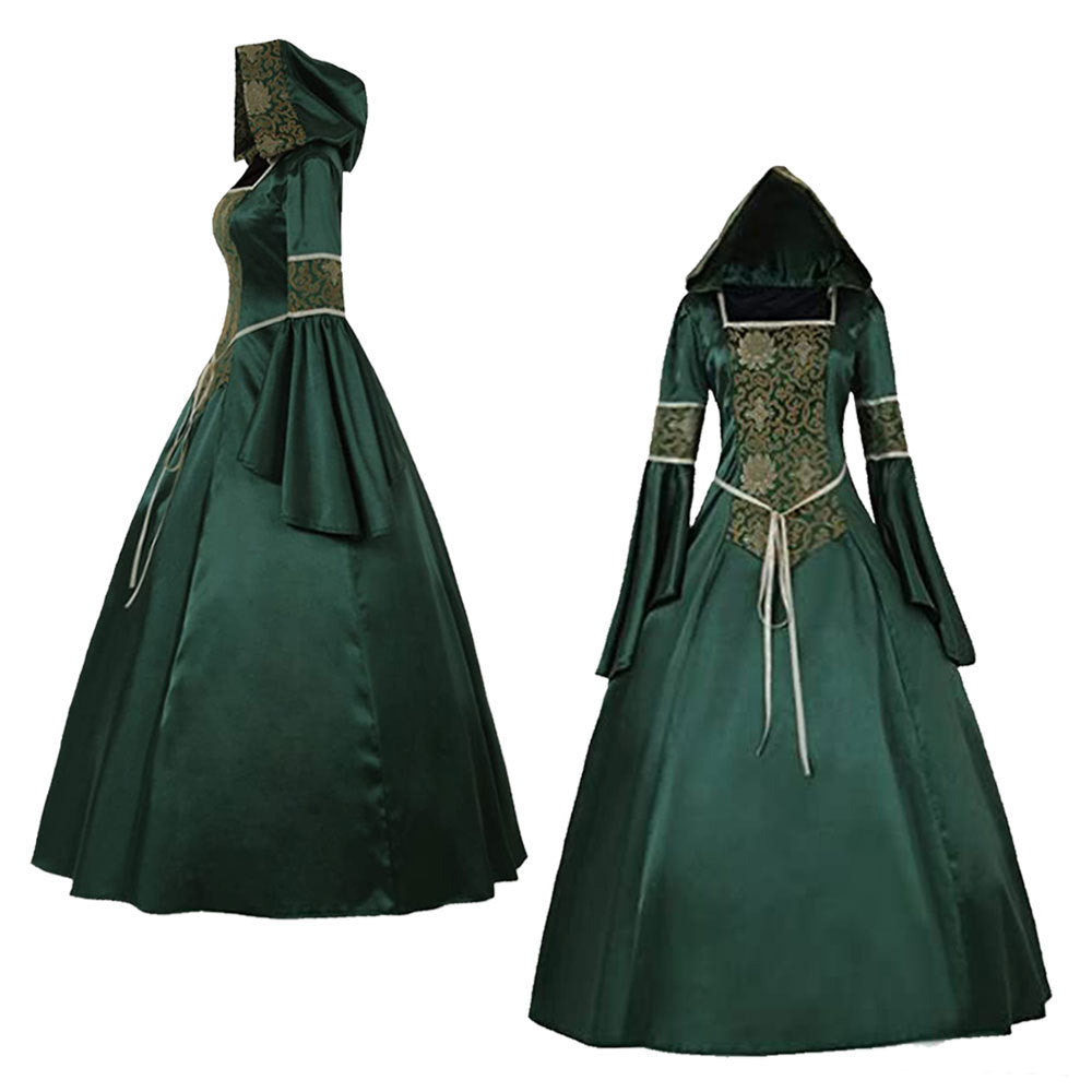 Medieval Gothic Hooded Dress with Flared Sleeves