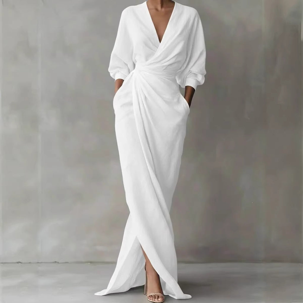 Solid-color V-neck long-sleeve slit waist-cinching dress with pockets