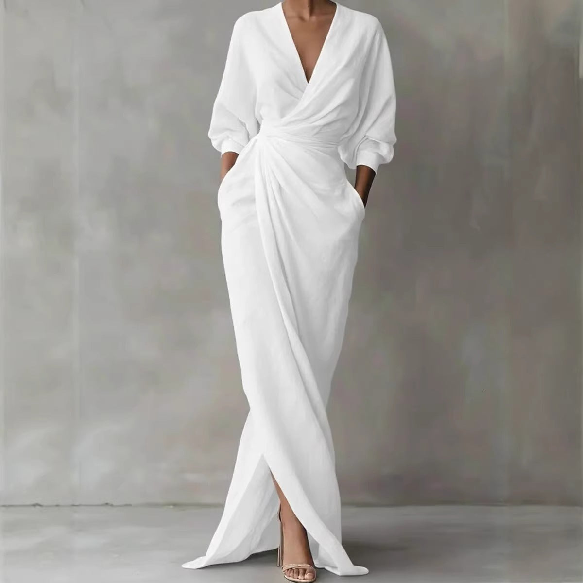 Solid-color V-neck long-sleeve slit waist-cinching dress with pockets